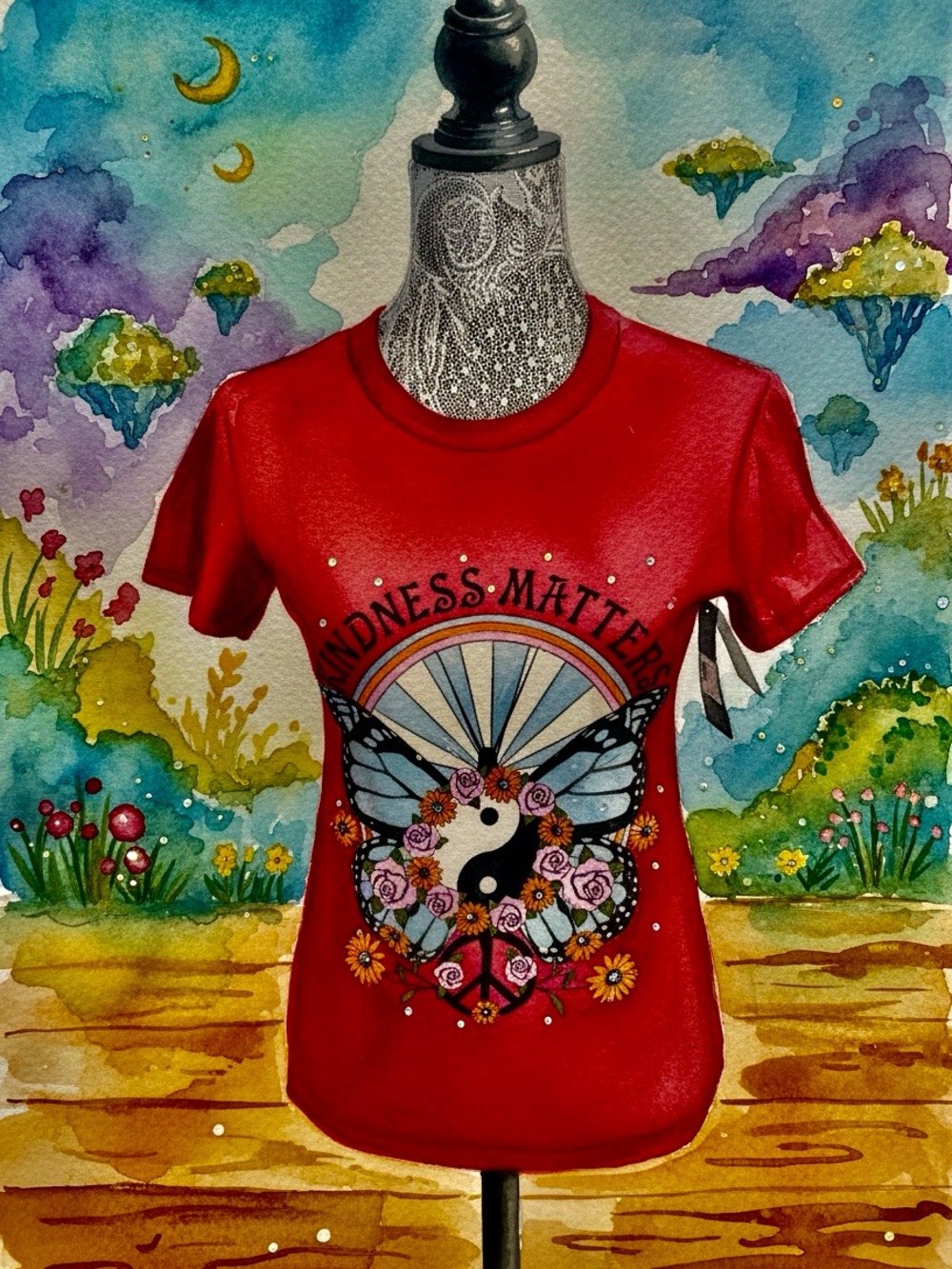 Ashley Blue Red 'Kindness Matters' Graphic Tee with Floral Yin-Yang